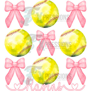 Personalized Pink Bow and softball 3 rows