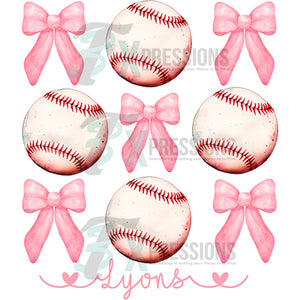 Personalized Pink Bow and Baseball 3 rows