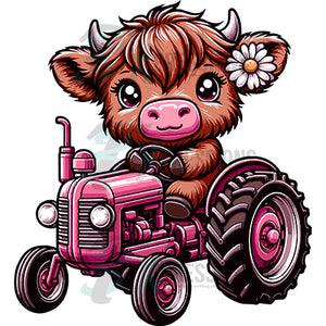 Pixel Babe Design Highland Cow Pink Tractor