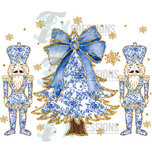 Blue Toile CHristmas Tree with nutcrackers