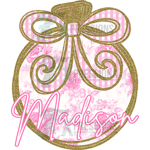 Personalized pink Toile Christmas Ornament