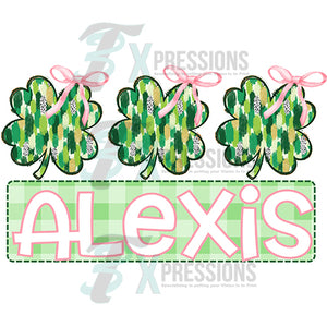 Personalized  girl clovers with pink bow  St Patrick with name