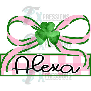 Personalized St Patrick Clover and pink bow name plate