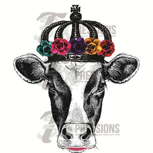 Black and white cow with crown