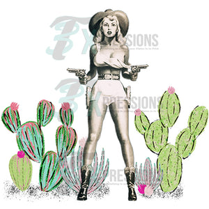 Cowgirl with guns and cactus