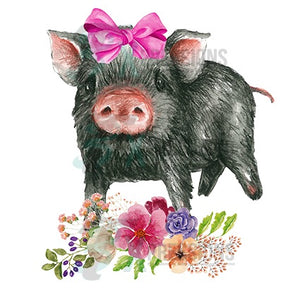 Pig With Pink Bow And Flowers - 3T Xpressions